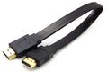 Flat black HDMI cable with male connectors showing length options for HD video connection.