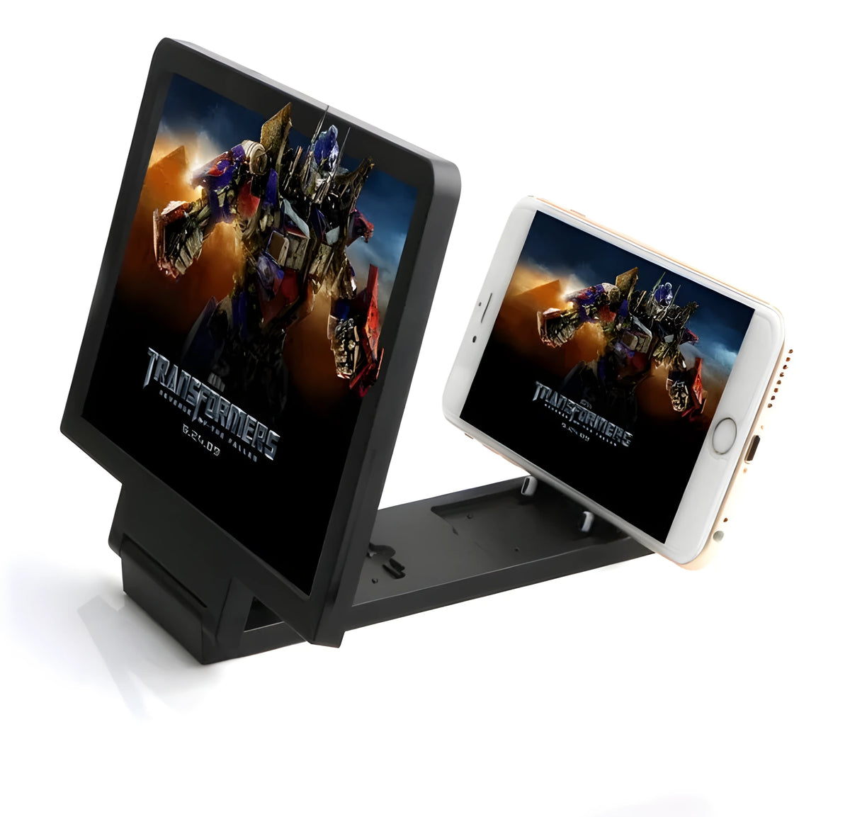 Black and white radiation-proof 3D mobile phone screen amplifier stand showing phone holder and magnifier
