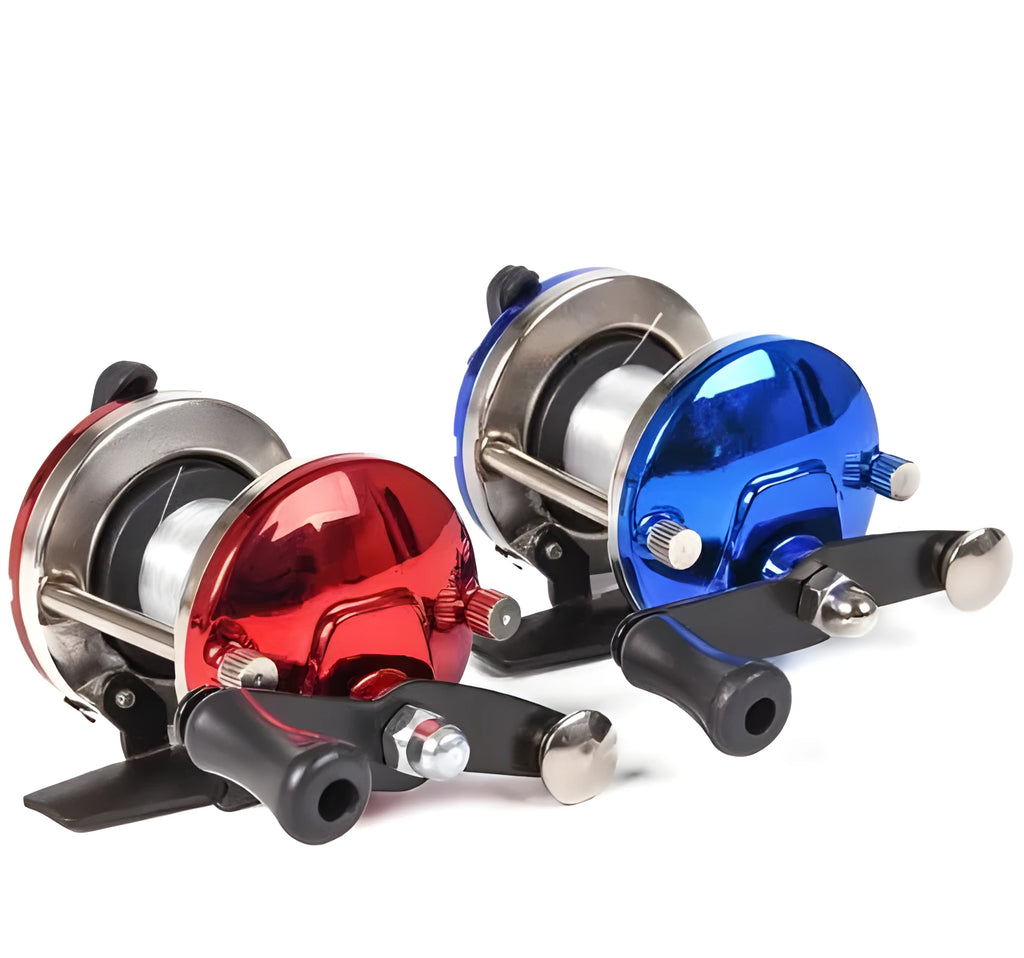 Mini metal bait casting spinning reel, 9x7 cm, with 50M wire, red and blue electroplating, for boat and ice fishing