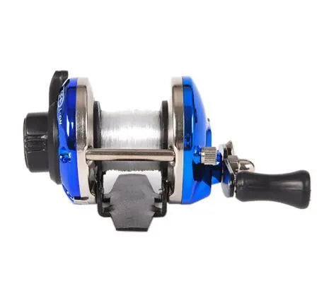 Mini metal bait casting spinning reel, 9x7 cm, with 50M wire, red and blue electroplating, for boat and ice fishing