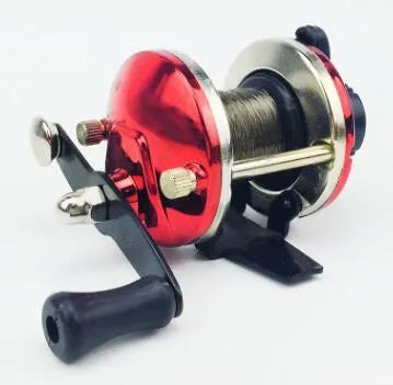 Mini metal bait casting spinning reel, 9x7 cm, with 50M wire, red and blue electroplating, for boat and ice fishing