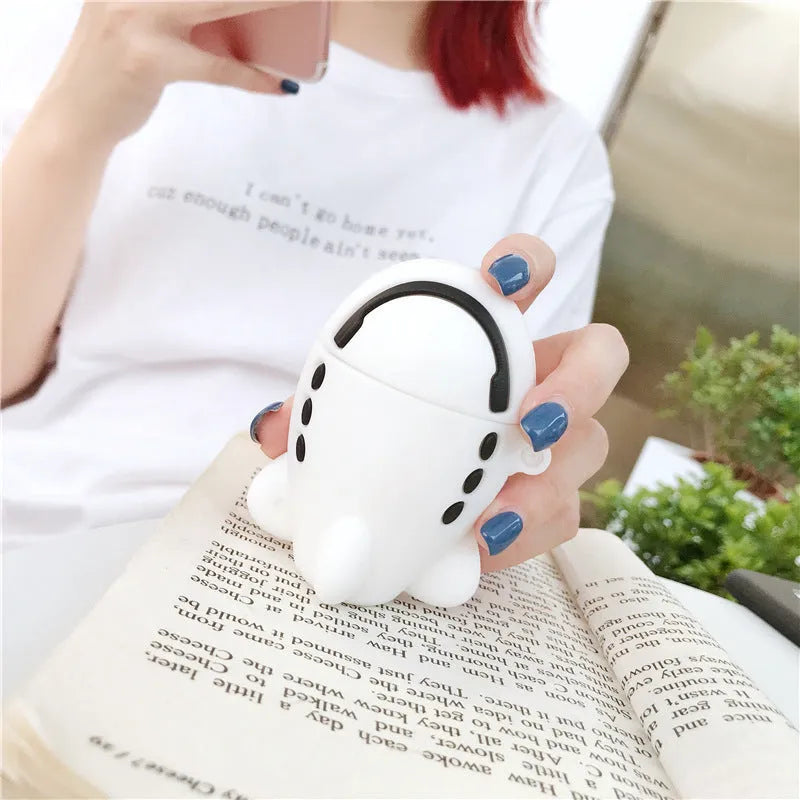 Cartoon aeroplane headset design silicone flip case for Apple AirPods 1 and 2 with attachment hook.
