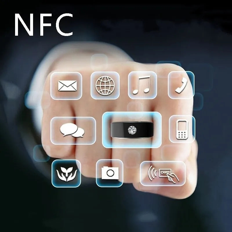 Black NFC multifunctional smart ring, waterproof, no power supply, sizes 6-13 for NFC-enabled smartphones