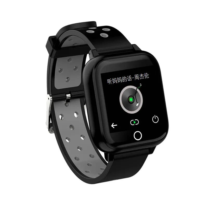 Black smart watch with built-in Bluetooth earphones stored in the watch case, showing a 1.4-inch TFT display.