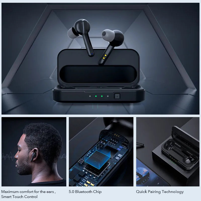 Black and white true wireless stereo earbuds with Bluetooth 5.0 technology