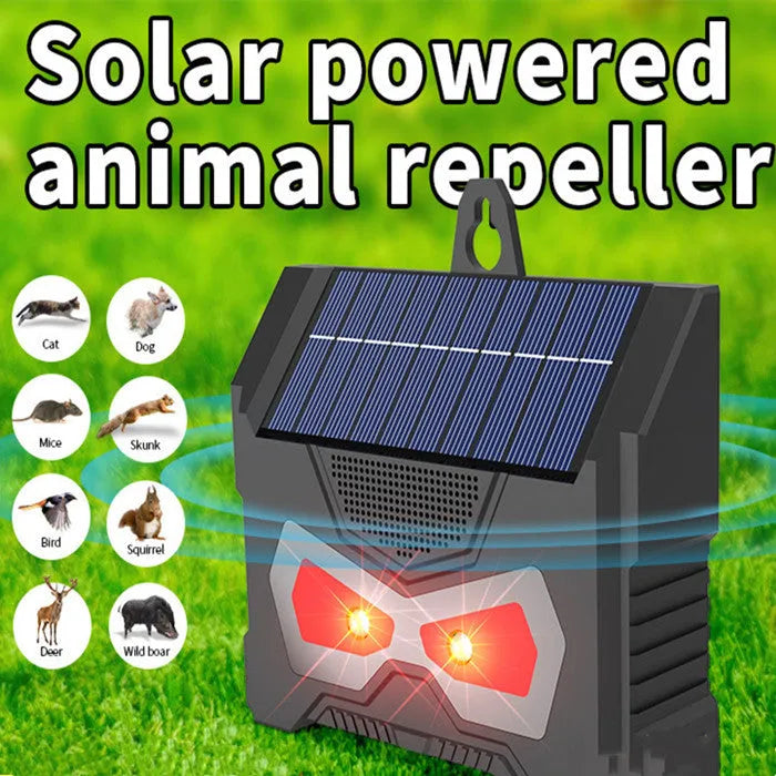 Black outdoor ultrasonic animal repeller with solar panel and charging cable