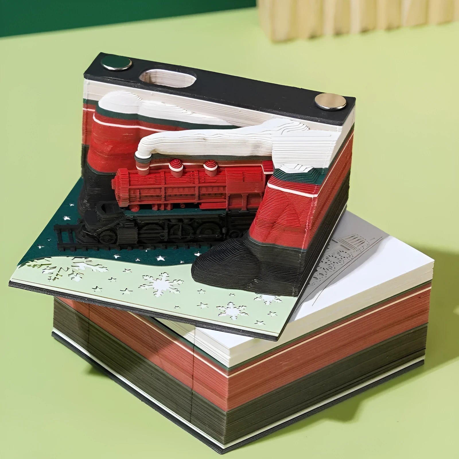 Pad of 3D carved paper sticky notes showing Qingshuǐ Temple design with a Christmas train coloured cover.