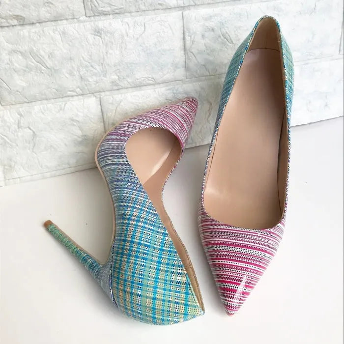 Ladies' pointed toe high heels with pink to blue gradient patent leather and a high heel.
