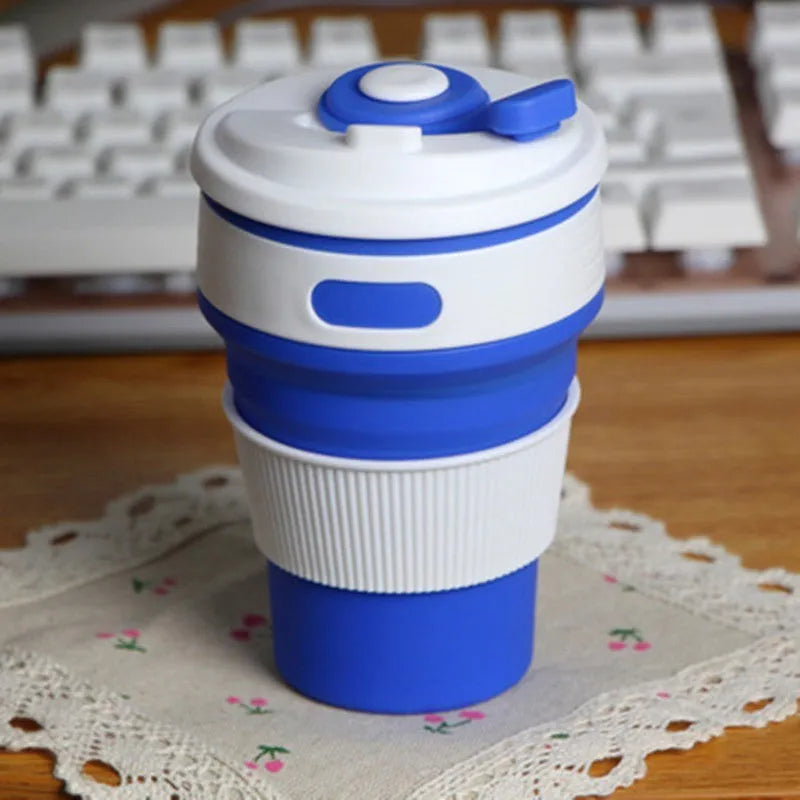 Collapsible silicone travel mug showing folded and expanded states with leak-proof cover