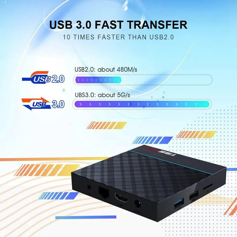 Black T95 Max Plus Android TV box with remote control on a wooden surface.
