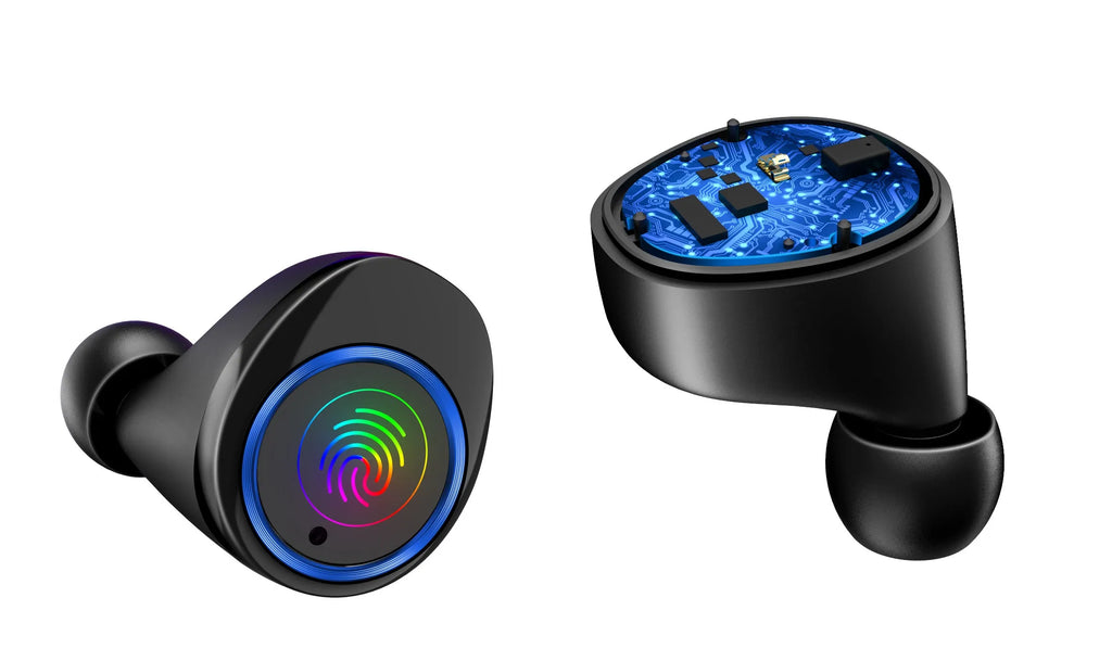 Black X11 wireless Bluetooth earbuds with charging case and six silicone ear sleeves on a white background.
