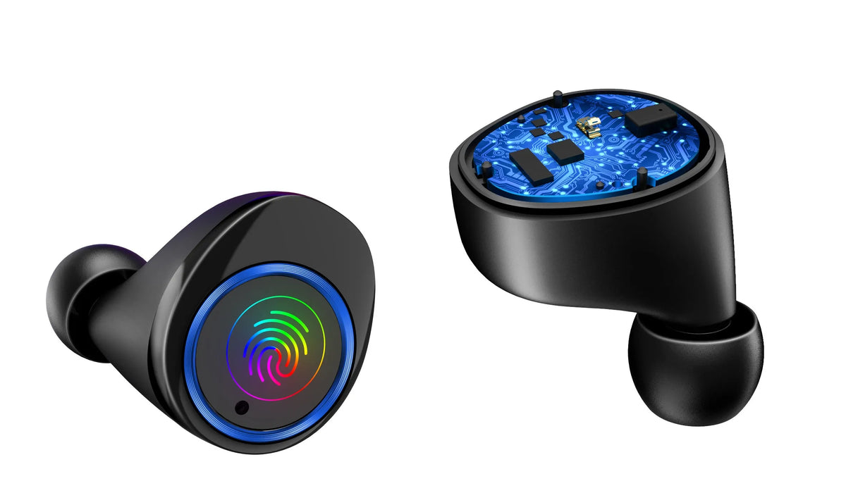 Black X11 wireless Bluetooth earbuds with charging case and six silicone ear sleeves on a white background.
