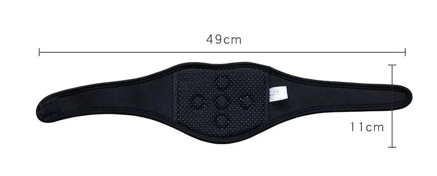Black self-heating magnetic therapy neck guard with adjustable shoulder strap.