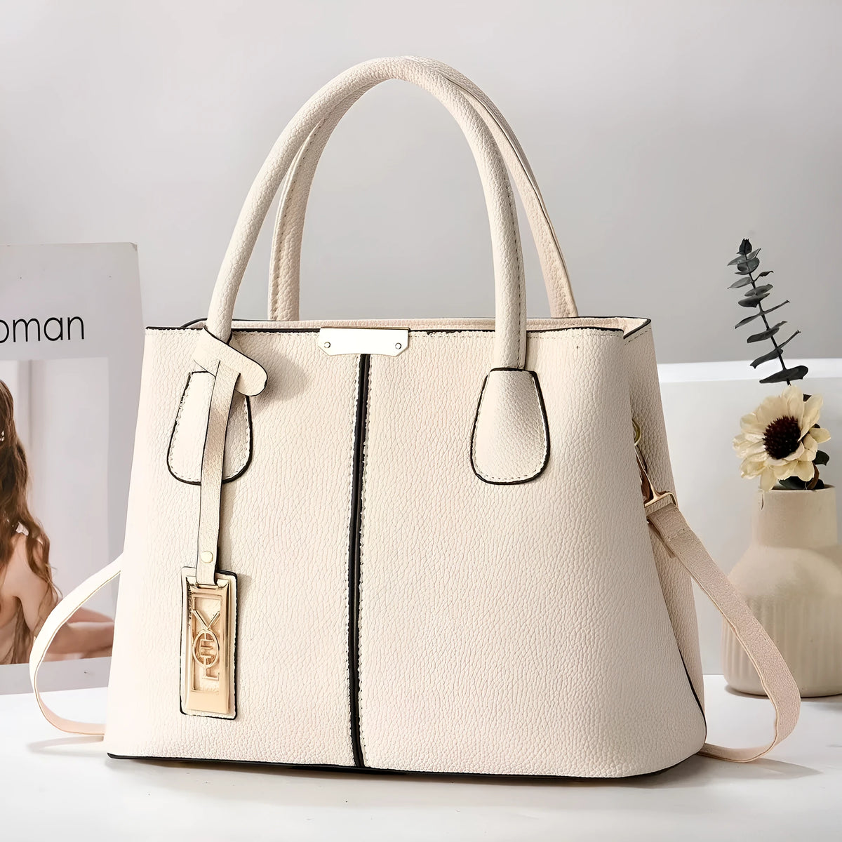 Women's large capacity PU leather shoulder bag in horizontal square design with leather strap