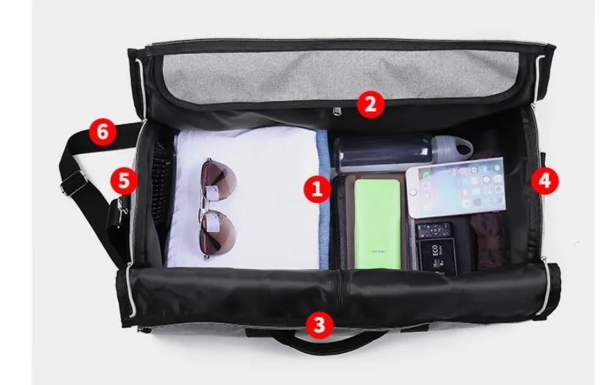Cylinder-shaped travel bag in red, light grey, blue, or black with a zipper opening and Oxford cloth material.