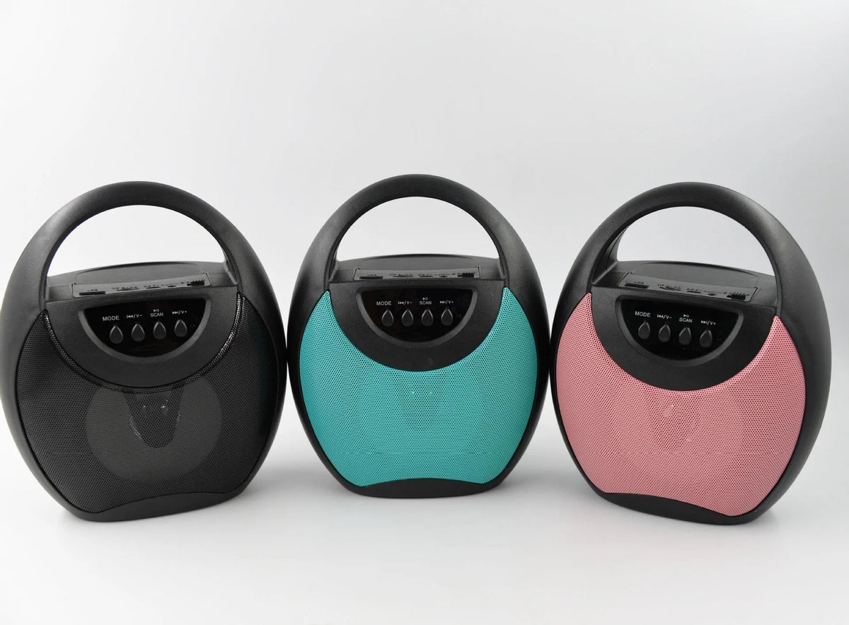 Black, blue, or pink portable Bluetooth speaker with USB port and 6-hour battery.