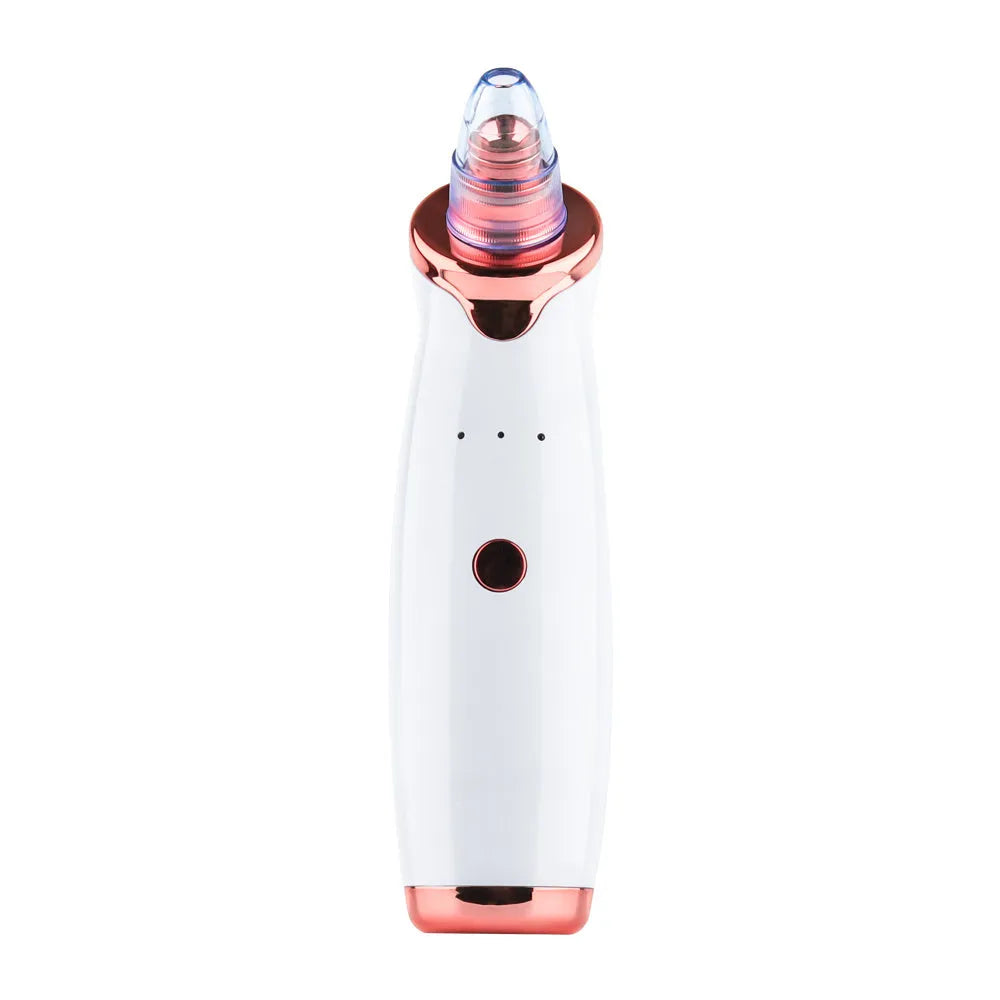 Black electric blackhead remover device with vacuum suction function and different coloured nozzles.