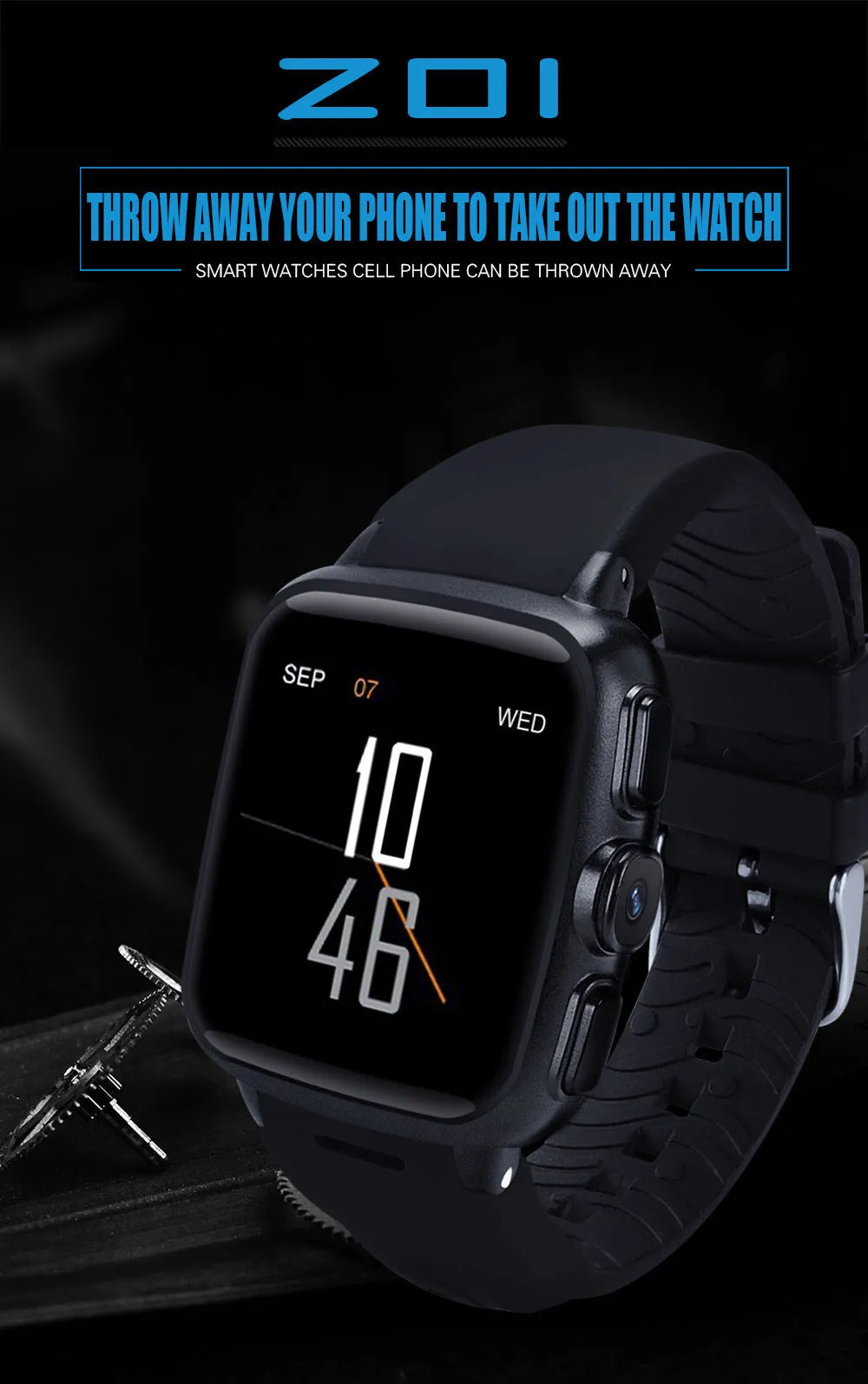 Black or white Z01 smart watch with 1.54-inch touchscreen on a wrist.