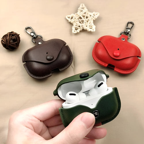 Black PU leather AirPods Pro protective case holster showing car line stitching detail.