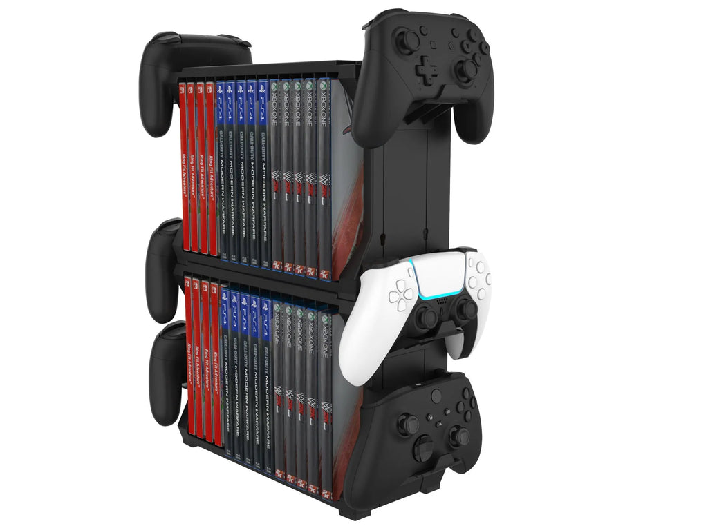 Black PS5 and Xbox Series X disc storage stand with slots for game cartridges and four controller cradles.