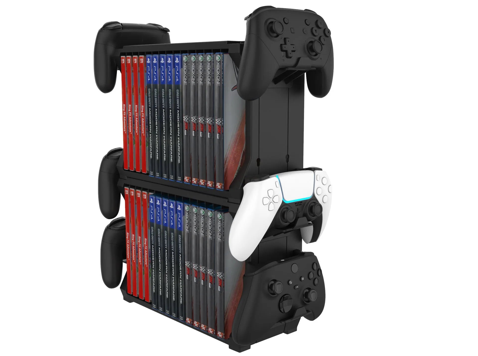 Black PS5 and Xbox Series X disc storage stand with slots for game cartridges and four controller cradles.
