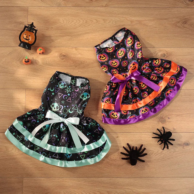 Halloween dog skirt costume with colourful pumpkin pattern on pet