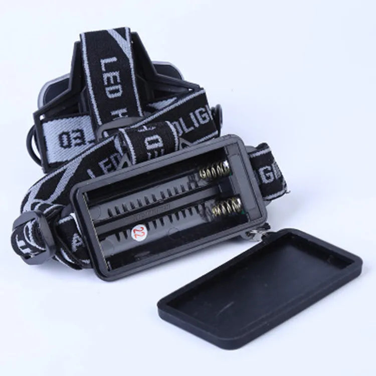 LED head torch with headband, showing focused beam and waterproof housing for outdoor use.