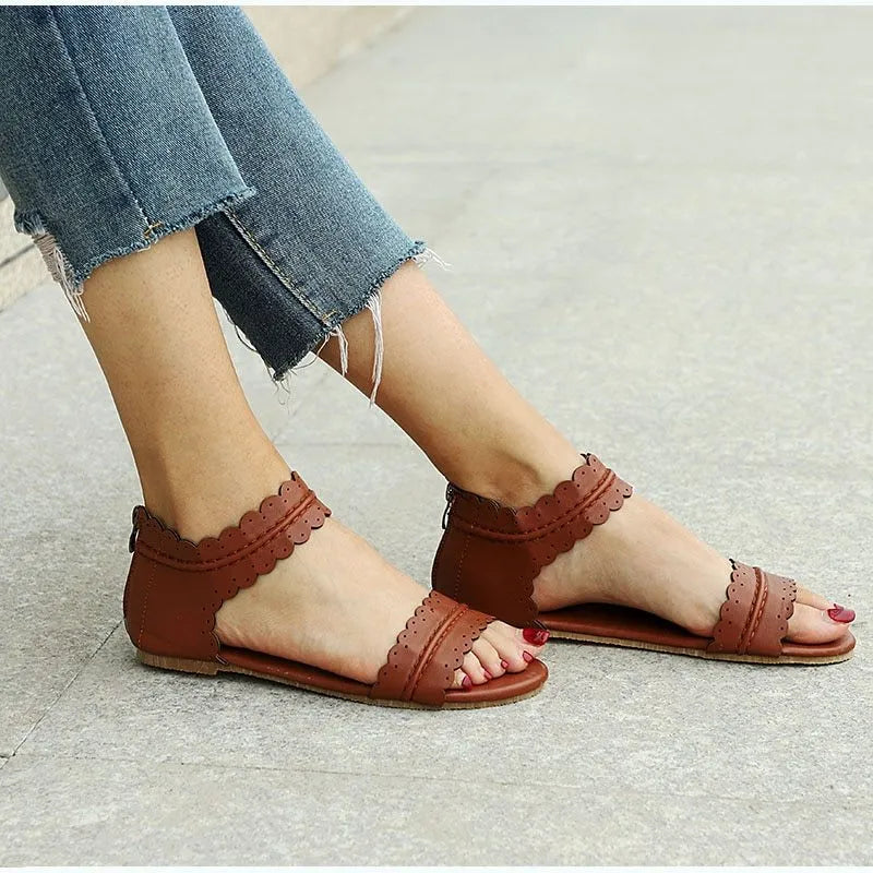 Ladies sandals with artificial PU upper and beef tendon sole, shown in black, brown, purple, and reddish brown colours.