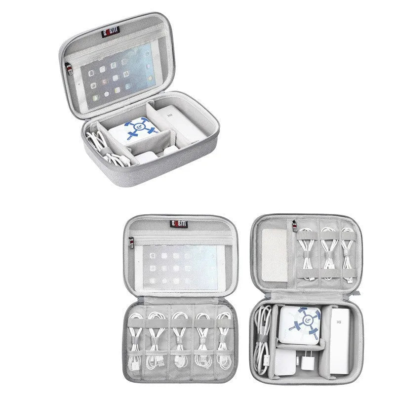 Black and grey EVA digital storage organiser bag for headphones and tech accessories, showing single and double layer options.