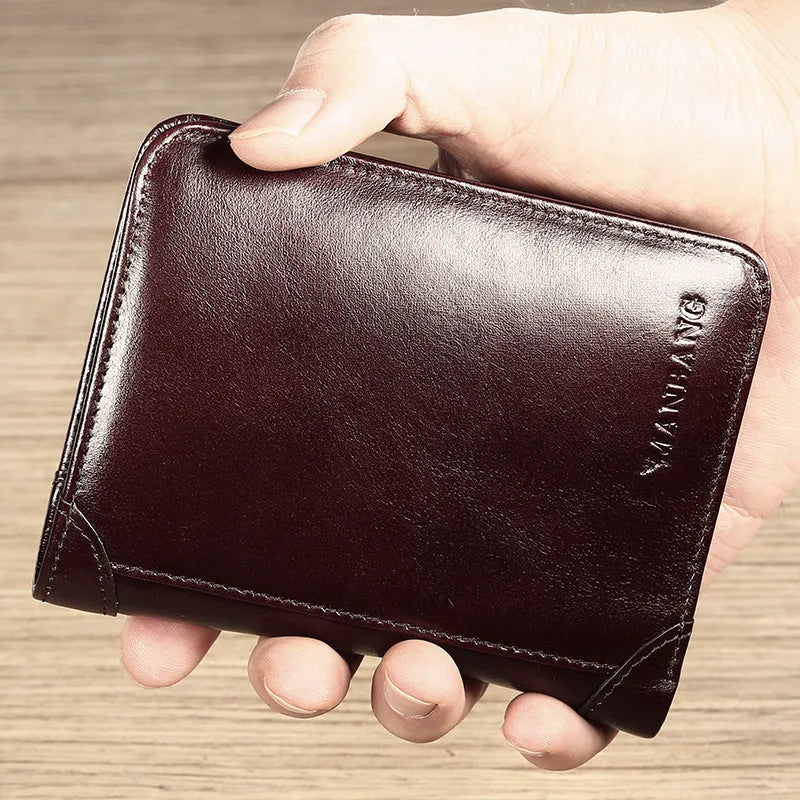 Men's leather wallet open showing photo holder, card slots, banknote folder, and hidden zippered compartment.