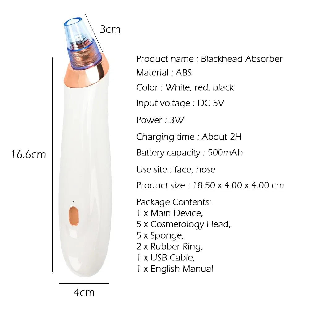 Black electric blackhead remover device with vacuum suction function and different coloured nozzles.