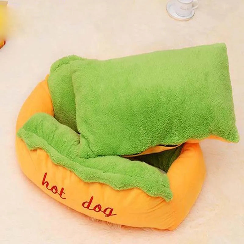 Flannelette hot dog pet bed with removable mat and anti-slip base in four size options.