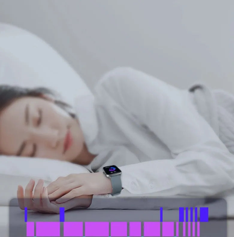 Blue smart watch with 1.7-inch touch screen on wrist, showing fitness stats interface.