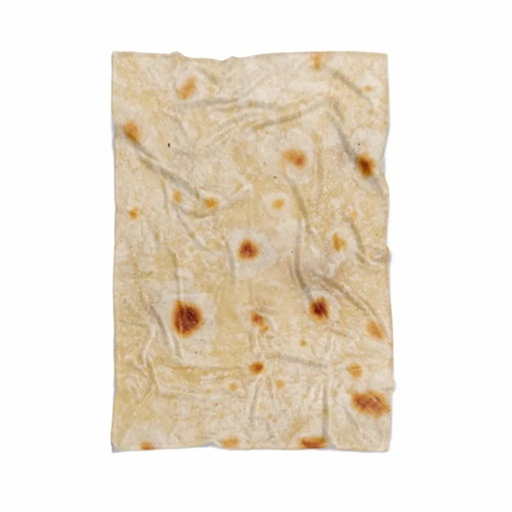 Round burrito blanket with coral fleece texture and food-themed print