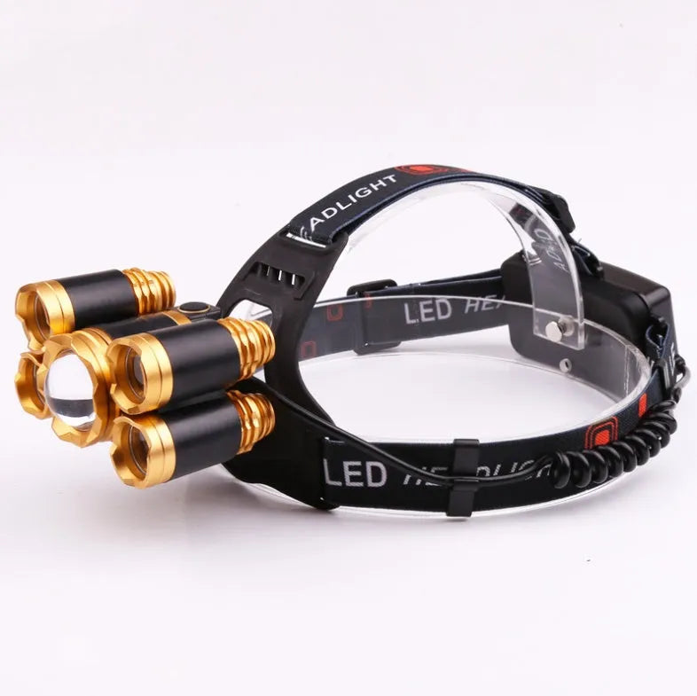 Gold and silver aluminium alloy LED head torch showing adjustable focus ring and angled head on a headband.