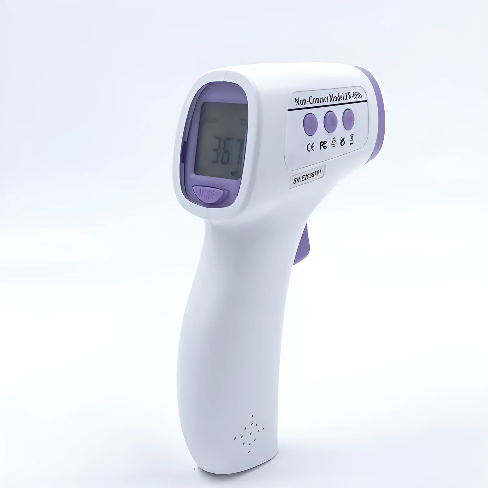 White digital non-contact thermometer for clinical temperature measurement.