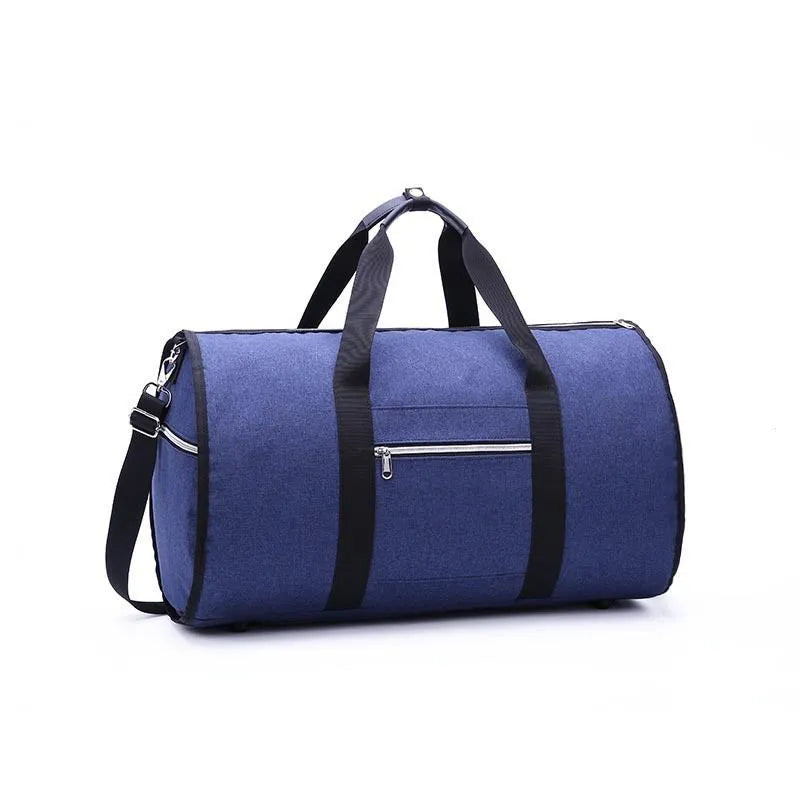 Cylinder-shaped travel bag in red, light grey, blue, or black with a zipper opening and Oxford cloth material.
