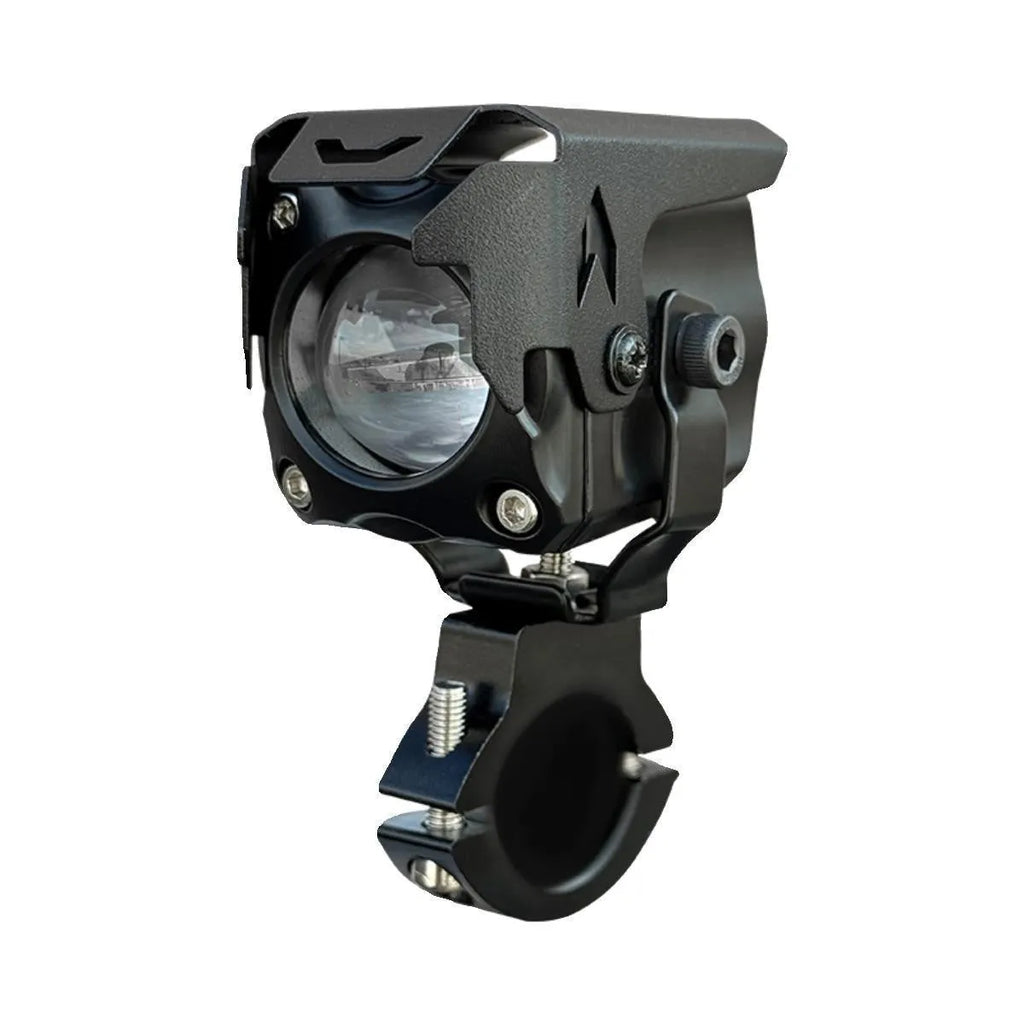 Motorcycle LED spotlight kit showing lights, wireless remote switch, mounting brackets, and wiring components