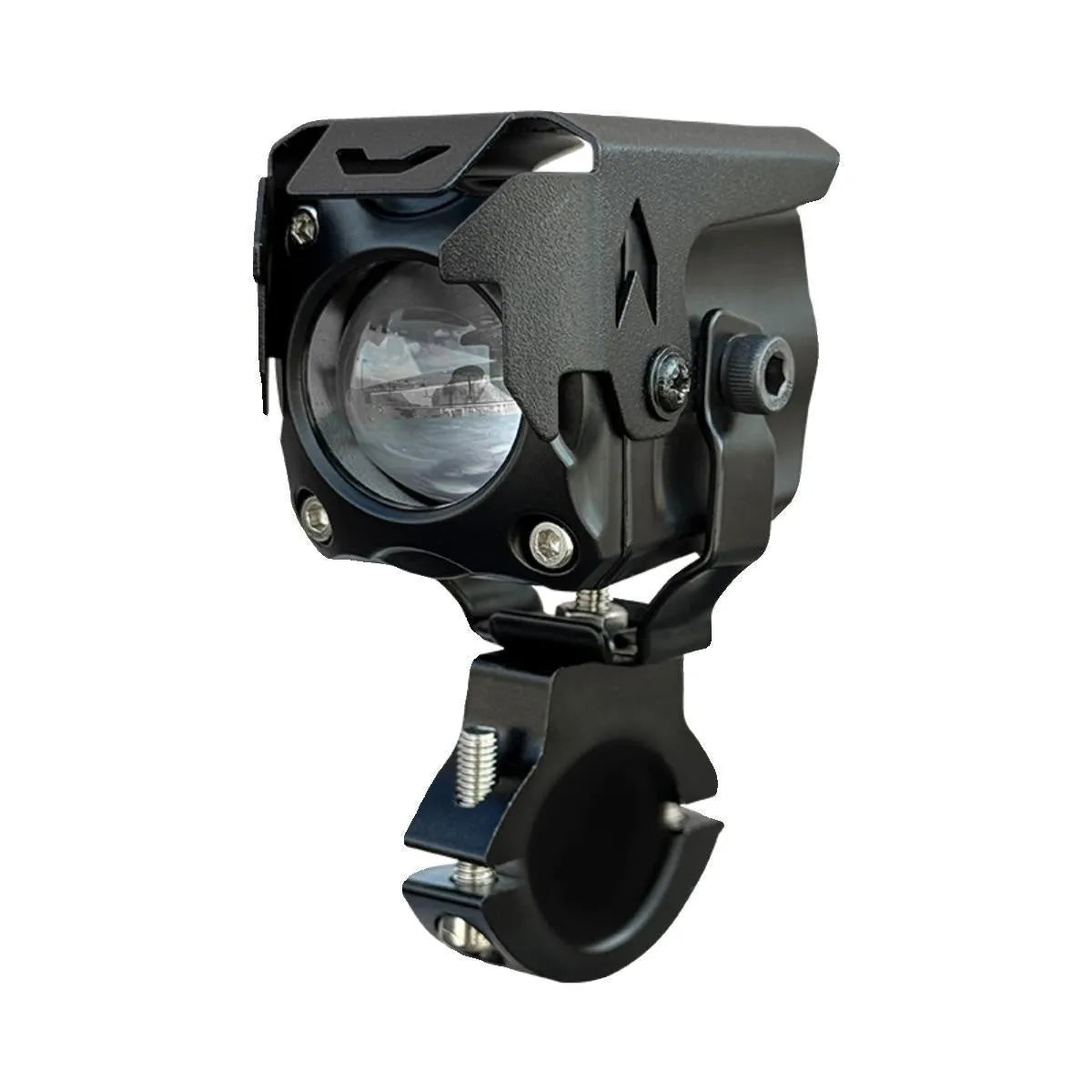 Motorcycle LED spotlight kit showing lights, wireless remote switch, mounting brackets, and wiring components