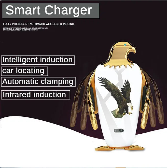 Eagle style car phone holder with wireless charging base and snap-on suction cup mount in black and gold colour.