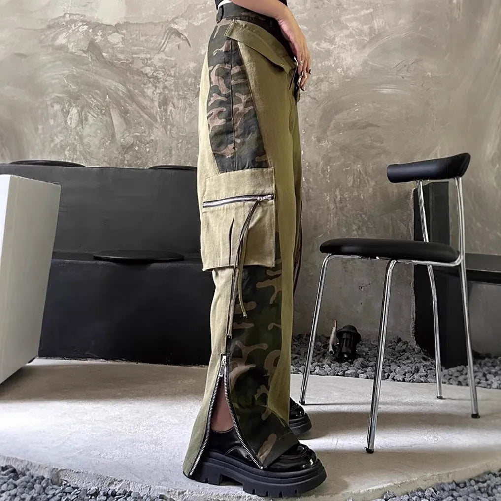 Dark khaki leopard print high waist jeans with fake two-stitching design on straight leg cotton denim trousers