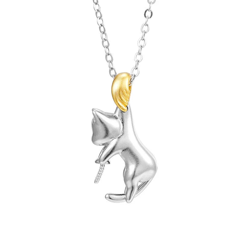 925 sterling silver clavicle necklace with cat charm pendant and pearl bead accents