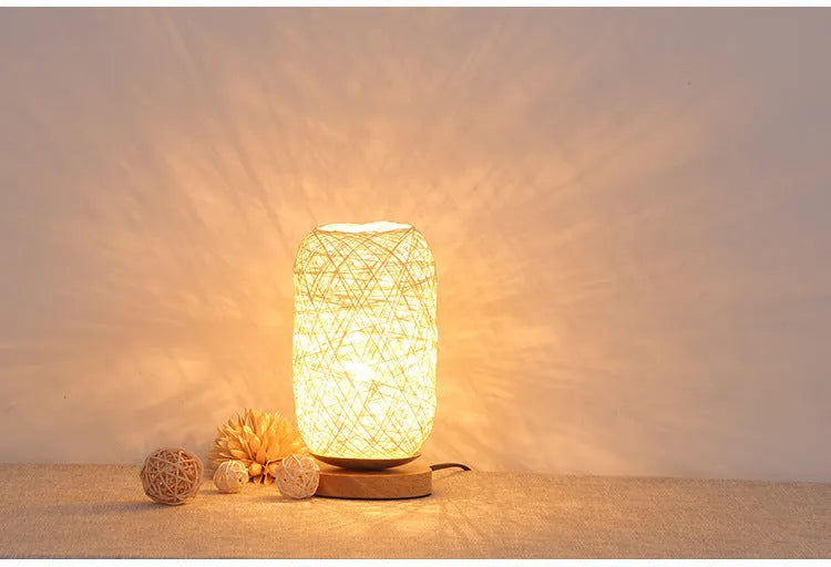 Brown hemp twine Sepak Takraw desk lamp with wooden base and USB cable