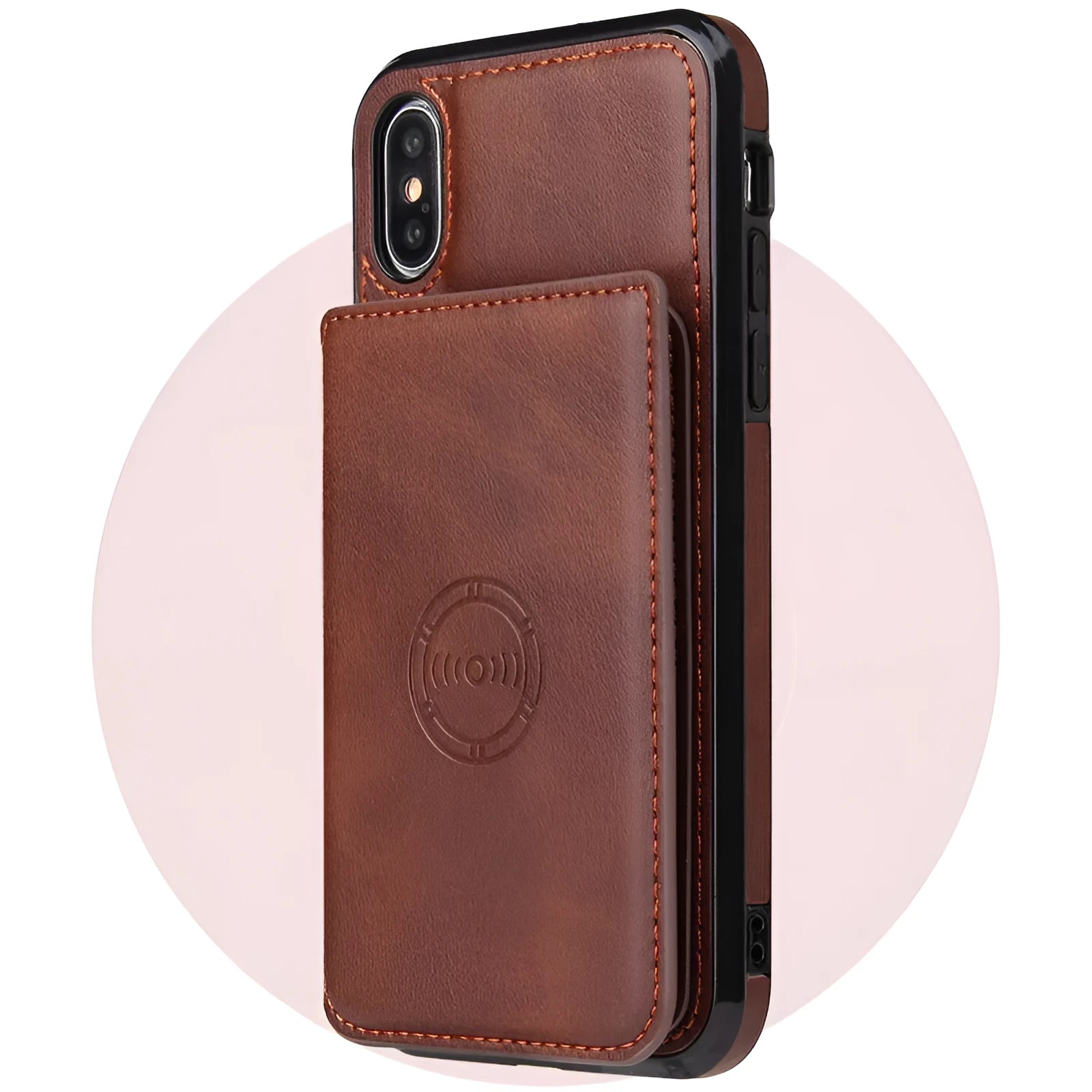 Solid colour imitation leather card wallet phone case for iPhone shown in multiple colour options.