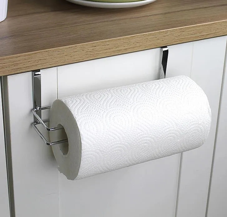 Silver stainless steel cabinet door back hanging paper towel rack showing dimensions