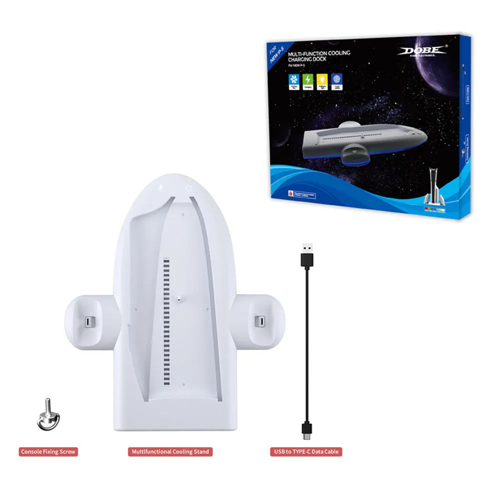 White PS5 Slim charging base with cooling pad, fixed controller charger, and RGB ambient lighting