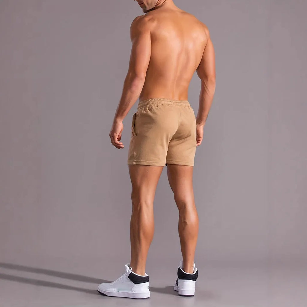 Men's khaki coconut print sports shorts with straight leg and micro-elastic polyester fabric