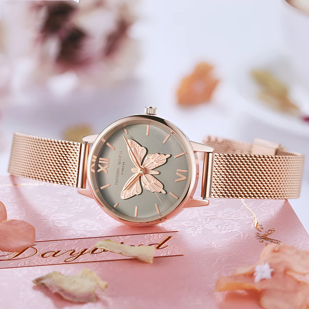 Ladies' quartz wrist watch with bee and butterfly design, pointer and number display, 10m waterproof, six styles