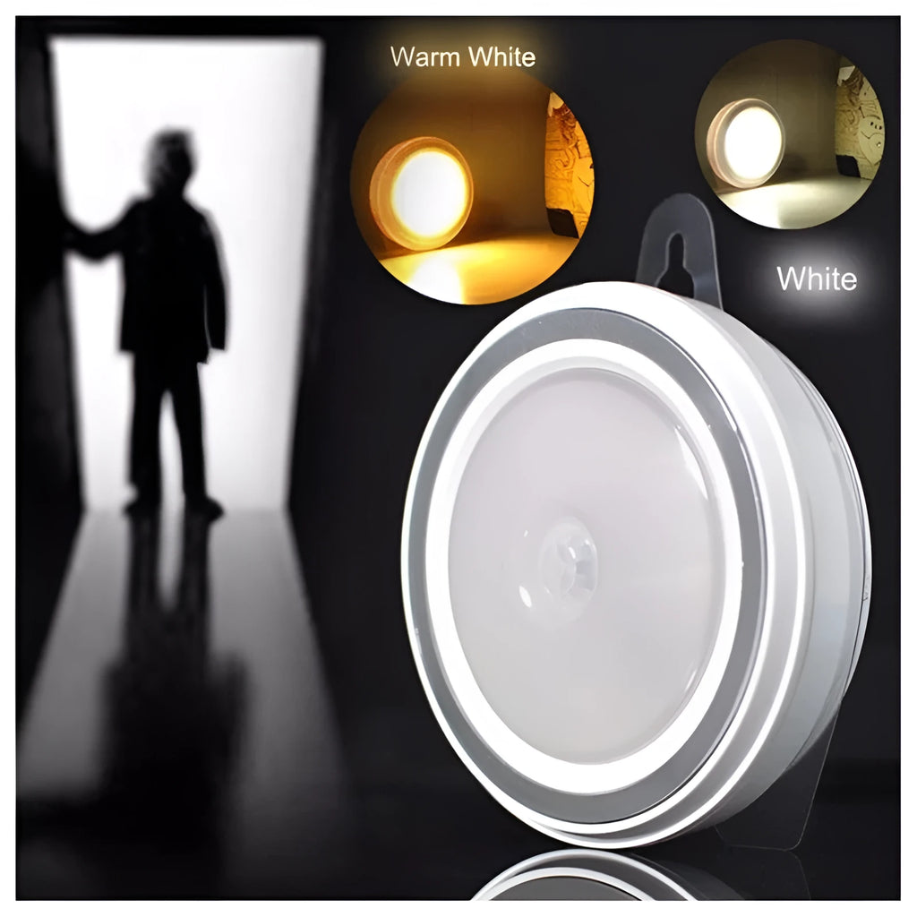Smart battery-powered motion sensor LED night light with 80mm white casing on a wall
