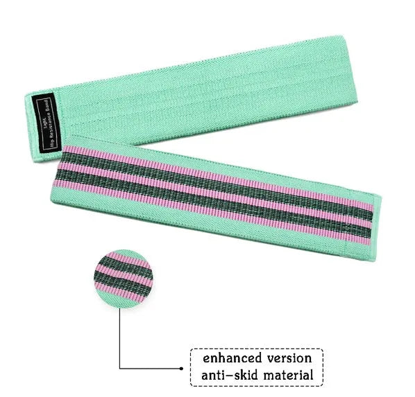 Three fabric resistance bands in lake blue, pink and purple colours with mesh storage bag